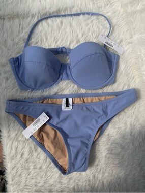 NWT 👙 set JCrew Powder Blue Textured Bandeau underwire 32D top medium bottom